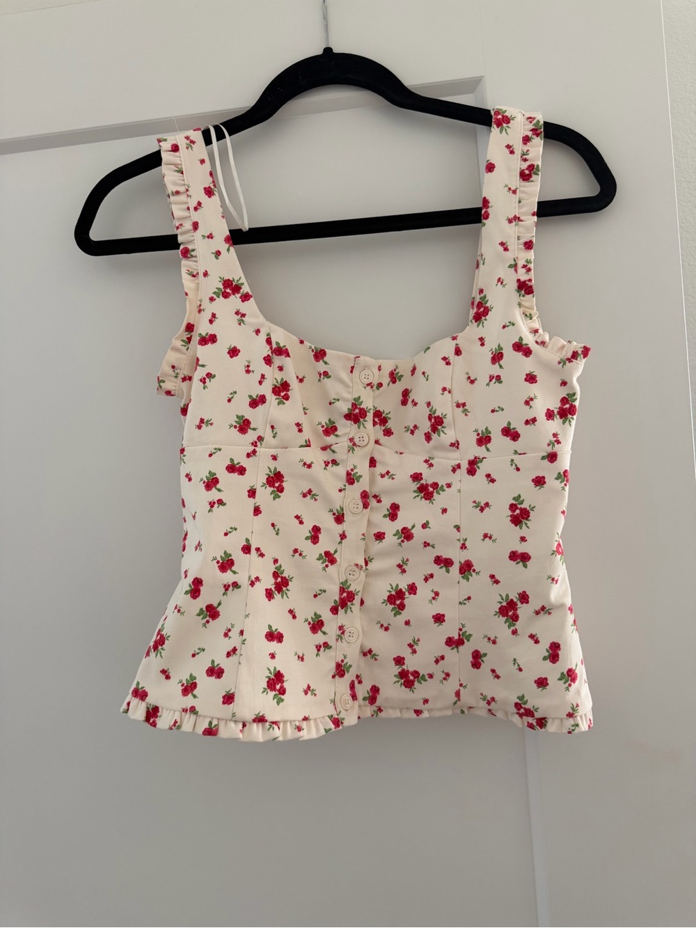 Zara - Floral Stretch Poplin Top - Ecru/Red